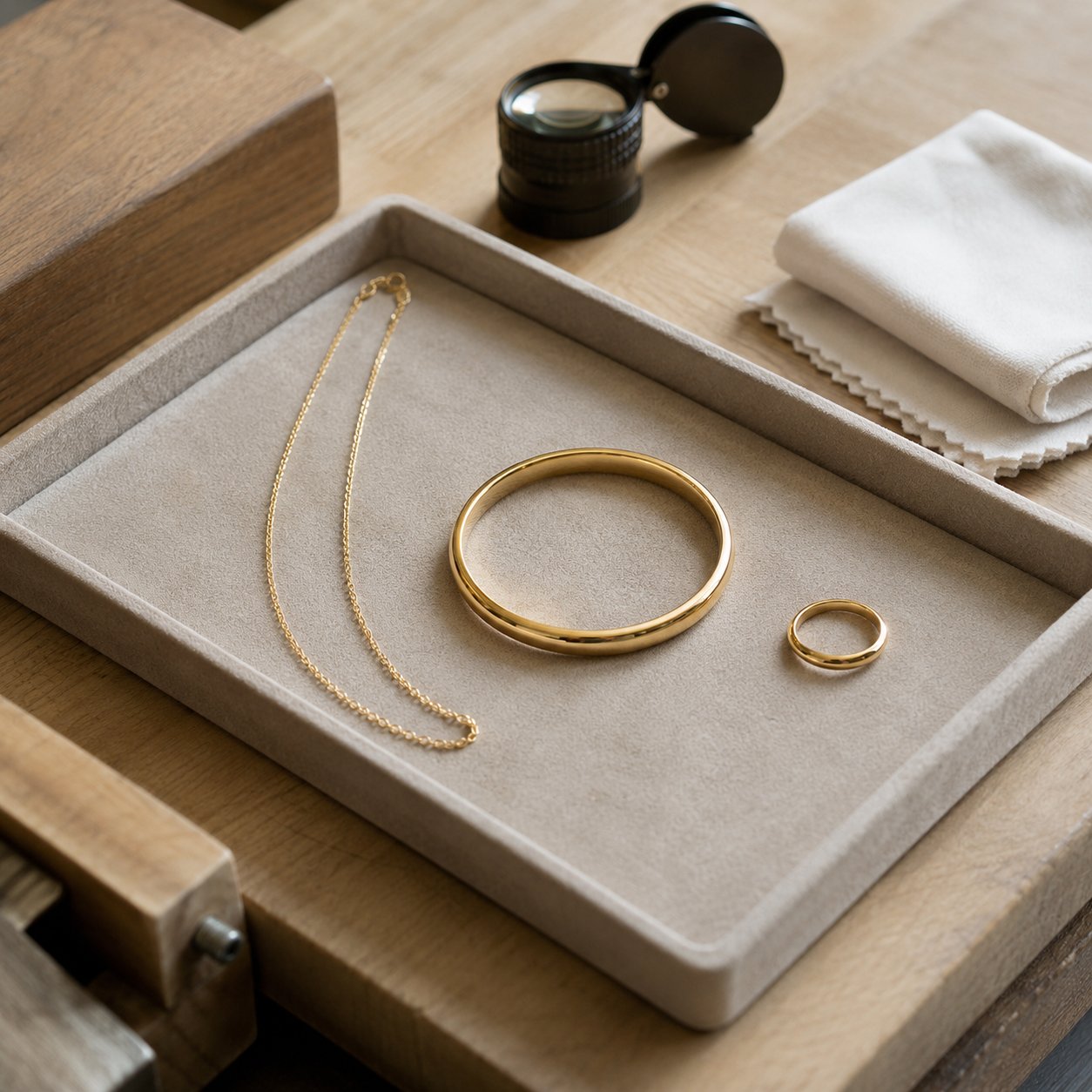 A gold-plated necklace, bangle and ring laid out on a suede tray for a final check